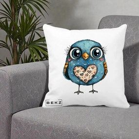 Perna Decorativa Bufnita Albastra cu Inimioare, 40x40 cm, Alba Mata, Husa Detasabila, Perna Inclusa, BEKZ®