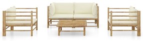 3058207 vidaXL Set mobilier de grădină cu perne alb crem, 5 piese, bambus