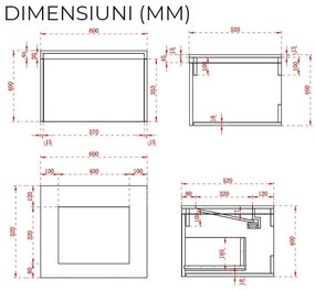 Mobilier baie suspendat gri inchis cu lavoar, 60x52 cm, cu iluminare LED, Elysium Blanca