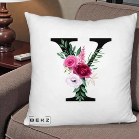 Cadou Personalizat - Perna Personalizata Monograma Florala Litera Y cu Buchet, 40x40 cm, Alb Pufos, Husa Detasabila, Perna Inclusa, BEKZ®
