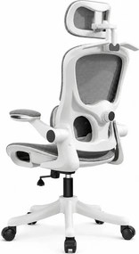 Scaun ergonomic cu șezut din plasă și suport lombar dinamic, tetiera 3D, cotiere rabatabile, Alb/Gri