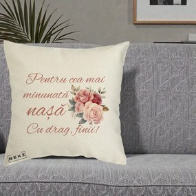 Cadou pentru Nasa - Perna Personalizata Pentru Cea mai Minunata Nasa Cu drag Finii, 40x40 cm, Ecru, Husa Detasabila, Perna Inclusa, BEKZ®