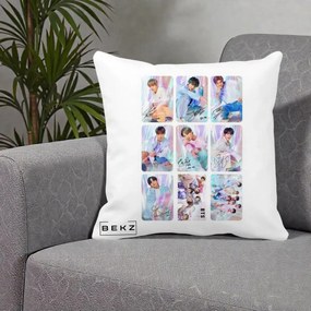 Perna Personalizata K-pop BTS Colaj 9 Fotografii Autografe Individual, 40x40 cm, Alba Mata, Husa Detasabila, Perna Inclusa, BEKZ®