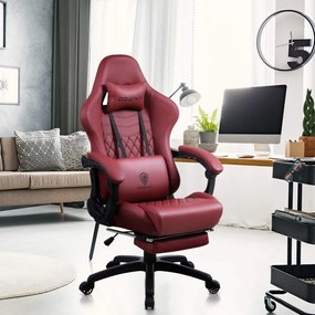 DOWINX Scaun gaming, ergonomic, suport lombar cu masaj, spătar înalt, reglabil, tetieră, suport picioare, rezistent 150 kg, piele PU, Rosu