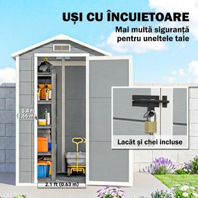Outsunny Șopron de Grădină din PP cu Podea, Ușă cu Încuietoare și Acoperiș Înclinat, 131x186x198 cm, Gri | Aosom Romania
