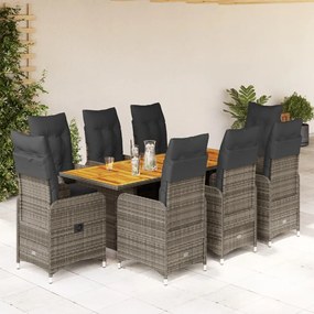 3277030 vidaXL Set bistro de grădină cu perne, 9 piese, gri, poliratan