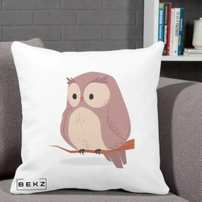 Perna Decorativa Bufnita Kawaii pe Creanga, 40x40 cm, Alba Mata, Husa Detasabila, Perna Inclusa, BEKZ®
