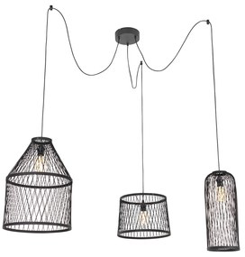 Lampă suspendată rustică pentru exterior din ratan negru cu 3 lumini - Calamus
