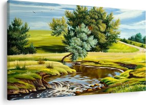 Tablou - Râu între câmpii, pictură în ulei (90x60 cm)