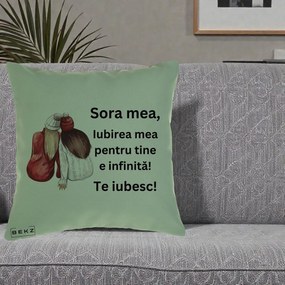 Cadou pentru Sora - Perna Personalizata Sora Mea Te Iubesc Doua Fete Iarna Acuarela, 40x40 cm, Verde, Husa Detasabila, Perna Inclusa, BEKZ®
