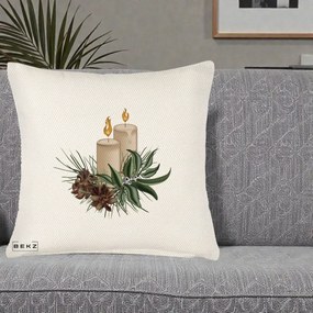 Perna Decorativa Lumanari cu Ilex si Conuri Ilustratie, 40x40 cm, Crem Reliefat, Husa Detasabila, Perna Inclusa, BEKZ®