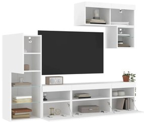 Unitati de perete TV cu LED-uri, 6 piese, alb, lemn prelucrat