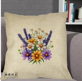 Perna Decorativa Lavanda Musetel si Flori Mov, 40x40 cm, Crem, Husa Detasabila, Perna Inclusa, BEKZ®