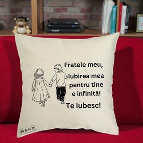 Cadou pentru Frate - Perna Personalizata Fratele Meu Te Iubesc Copii Tinand Maini Varianta 2, 40x40 cm, Ecru, Husa Detasabila, Perna Inclusa, BEKZ®