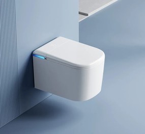 Vas WC Inteligent Suspendat cu Rezervor Integrat, Afișaj LED, Telecomandă, Sterilizare UV, Deschidere/Închidere automată, funcționare senzor picior, Control inteligent al Temperaturii, Uscare aer cald, Iluminare de noapte, Suspendat, Ceramică, Alb