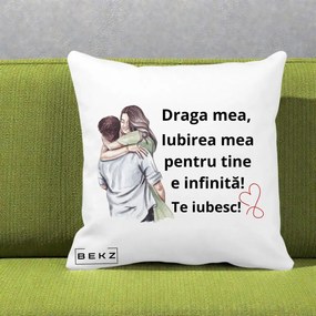 Cadou pentru Iubita - Perna Personalizata Draga Mea Iubirea Mea Infinita Te Iubesc cu Cuplu Acuarela, 40x40 cm, Alba Mata, Husa Detasabila, Perna Inclusa, BEKZ®