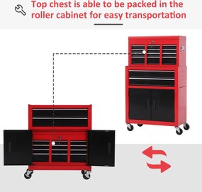 HOMCOM Cutie pentru Unelte pe Roți cu 6 Sertare, 2 în 1, Dulap Spațios cu Încuietoare, Metal, Roșu | Aosom Romania