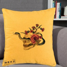 Perna Decorativa Craniu cu Sarpe si Trandafiri Gothic, 40x40 cm, Galben, Husa Detasabila, Perna Inclusa, BEKZ®