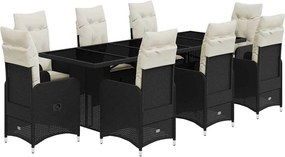 vidaXL Set bistro de grădină, 9 piese, cu perne, negru, poliratan