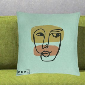 Perna Decorativa Portret Abstract Line Art Portocaliu, 40x40 cm, Verde Menta, Husa Detasabila, Perna Inclusa, BEKZ®