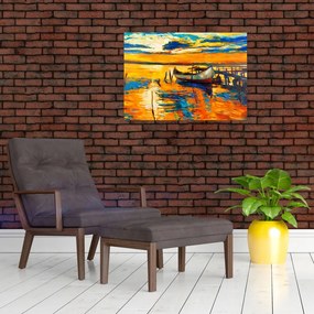 Tablou pe sticlă - Barca la apus de soare (70x50 cm)