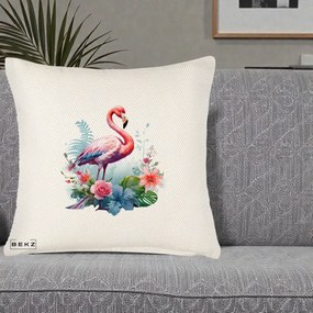 Perna Decorativa Flamingo cu Flori Tropicale Acuarela, 40x40 cm, Crem Reliefat, Husa Detasabila, Perna Inclusa, BEKZ®