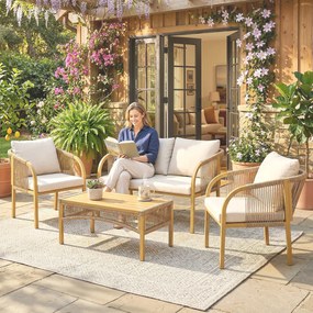 Outsunny Set mobilier de grădină exterior 4 piese cu canapea 2 fotolii masă perne, oțel rășină împletită, 120x72x73cm, Kaki | Aosom Romania