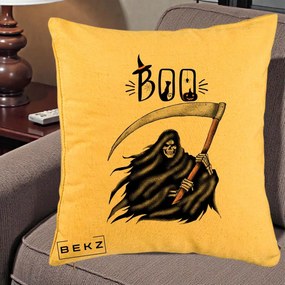 Perna Decorativa Halloween Boo Grim Reaper cu Coasa, 40x40 cm, Galben, Husa Detasabila, Perna Inclusa, BEKZ®