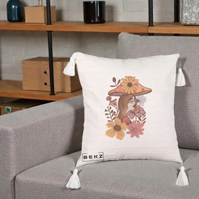 Perna Decorativa Fata Ciuperca Florala Boho, 40x40 cm, Bej cu Franjuri, Husa Detasabila, Perna Inclusa, BEKZ®