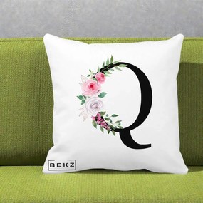 Cadou Personalizat - Perna Personalizata Monograma Florala Litera Q, 40x40 cm, Alba Mata, Husa Detasabila, Perna Inclusa, BEKZ®
