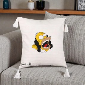 Perna Personalizata Homer Simpson Surpriza, 40x40 cm, Bej cu Franjuri, Husa Detasabila, Perna Inclusa, BEKZ®