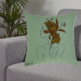 Perna Decorativa Portret Feminin Crin Ruginiu Auriu, 40x40 cm, Verde, Husa Detasabila, Perna Inclusa, BEKZ®