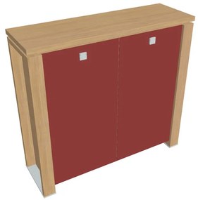Dulap mediu Verno+ 140 x 46 x 130 cm, uși de sticlă, stejar deschis / roșu
