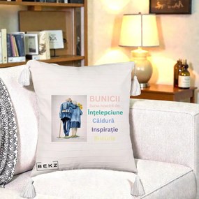 Cadou pentru Bunici - Perna Personalizata Bunicii Sursa Intelepciune Caldura Acuarela, 40x40 cm, Bej cu Franjuri, Husa Detasabila, Perna Inclusa, BEKZ®