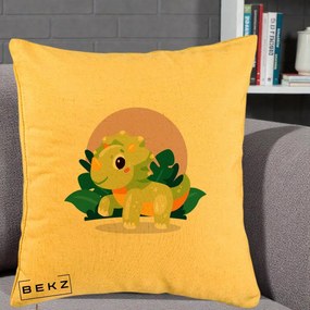 Perna Decorativa Triceratops Kawaii Verde, 40x40 cm, Galben, Husa Detasabila, Perna Inclusa, BEKZ®