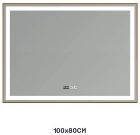 Oglindă LED Dreptunghiulară (100x80 cm), 3 Moduri Iluminare (Lumină Rece, Naturală, Caldă), Intensitate Reglabilă, Funcție Dezaburire, Ceas (Timer) și Termometru, Ramă Aluminiu, Control Tactil (Touch)