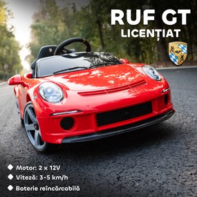 AIYAPLAY Mașină pentru Copii 3-5 Ani cu Licență Oficială RUF GT, Telecomandă, Centură de Siguranță și Muzică, Roșu | Aosom Romania
