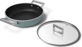 Oală puțin adâncă cu capac Smeg DPF2812EGM, 28 cm, 4,3 l, acoperire ceramică antiaderentă, potrivită pentru cuptor până la 250 °C, fără PFAS, compatibilă cu plitele cu inducție, verde smarald