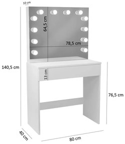 Set Muna, Masă de toaletă pentru machiaj cu oglindă iluminată LED, sertar, Alb