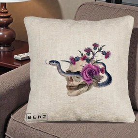 Perna Decorativa Craniu cu Sarpe si Trandafiri Gothic, 40x40 cm, Bej Canapea, Husa Detasabila, Perna Inclusa, BEKZ®
