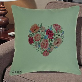 Perna Decorativa Inima din Bujori Acuarela, 40x40 cm, Verde, Husa Detasabila, Perna Inclusa, BEKZ®