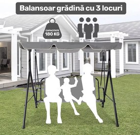 Balansoar grădină (3 Persoane), Dimensiune XL (170 x 112 x 151 cm), cu Pernă inclusă, Acoperiș rabatabil, Picioare anti-alunecare și Cadru solid, Oțel / Textil impermeabil (Oxford), Gri