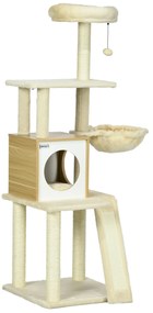 PawHut Copac Pisici cu Casuță Stâlpi Zgârieturi Bej 48.5x48.5x141.5cm | Aosom Romania