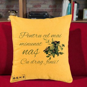 Cadou pentru Nas - Perna Personalizata Pentru Cel mai Minunat Nas Cu drag Finii, 40x40 cm, Galben, Husa Detasabila, Perna Inclusa, BEKZ®