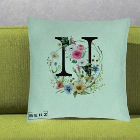Cadou Personalizat - Perna Personalizata Monogram Litera N cu Flori Acuarela, 40x40 cm, Verde Menta, Husa Detasabila, Perna Inclusa, BEKZ®