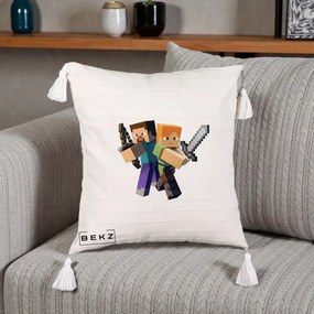 Perna Personalizata Minecraft Steve si Alex, 40x40 cm, Bej cu Franjuri, Husa Detasabila, Perna Inclusa, BEKZ®
