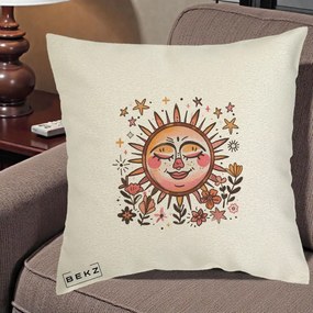 Perna Decorativa Soare Retro Boho Floral, 40x40 cm, Ecru, Husa Detasabila, Perna Inclusa, BEKZ®