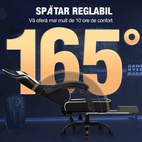 Scaun gaming, Masaj în perna lombară, Suport picioare, Rabatabil 90-165°, piele PU, Negru/Alb