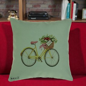 Perna Decorativa Bicicleta Galbena cu Cos de Flori Primavara, 40x40 cm, Verde, Husa Detasabila, Perna Inclusa, BEKZ®