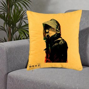 Perna Personalizata Tokyo Ghoul Ken Kaneki cu Masca si Gluga, 40x40 cm, Galben, Husa Detasabila, Perna Inclusa, BEKZ®